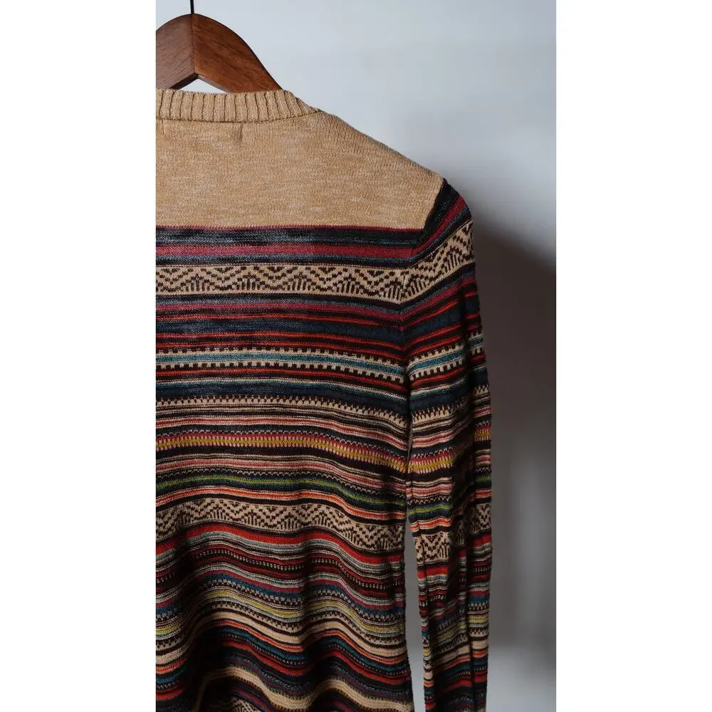 Eddie Bauer Nordic Print Tan Striped Button Down Cardigan Sweater Size XS